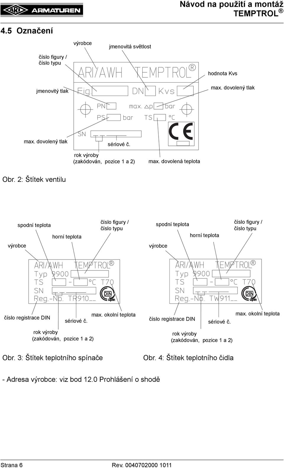 2: Štítek ventilu spodní teplota horní teplota číslo figury / číslo typu spodní teplota horní teplota číslo figury / číslo typu výrobce výrobce číslo registrace DIN