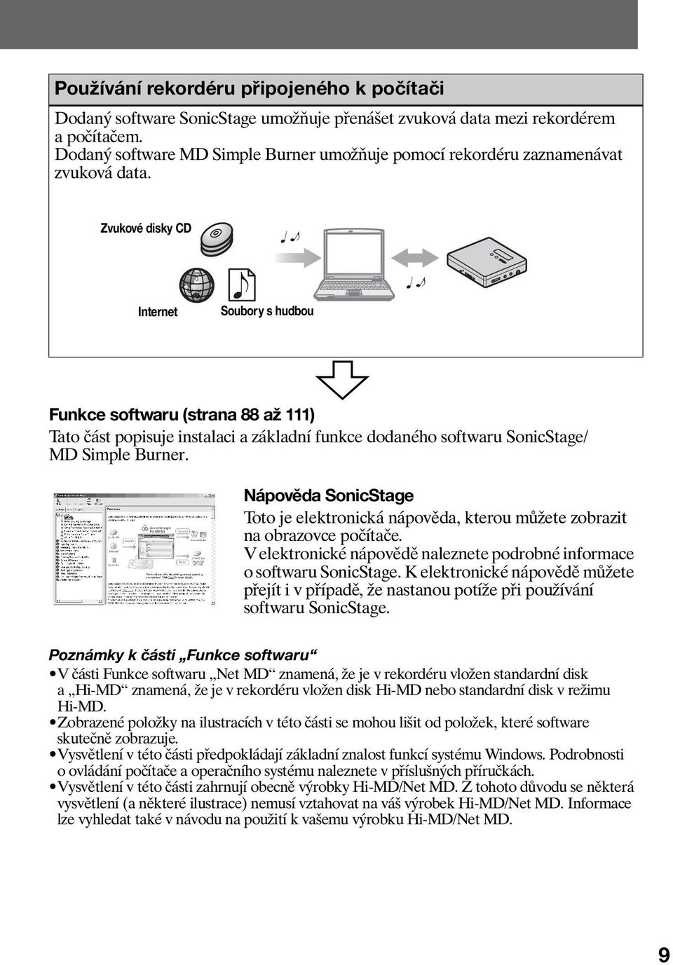 Zvukové disky CD Internet Soubory s hudbou Funkce softwaru (strana 88 až 111) Tato část popisuje instalaci a základní funkce dodaného softwaru SonicStage/ MD Simple Burner.