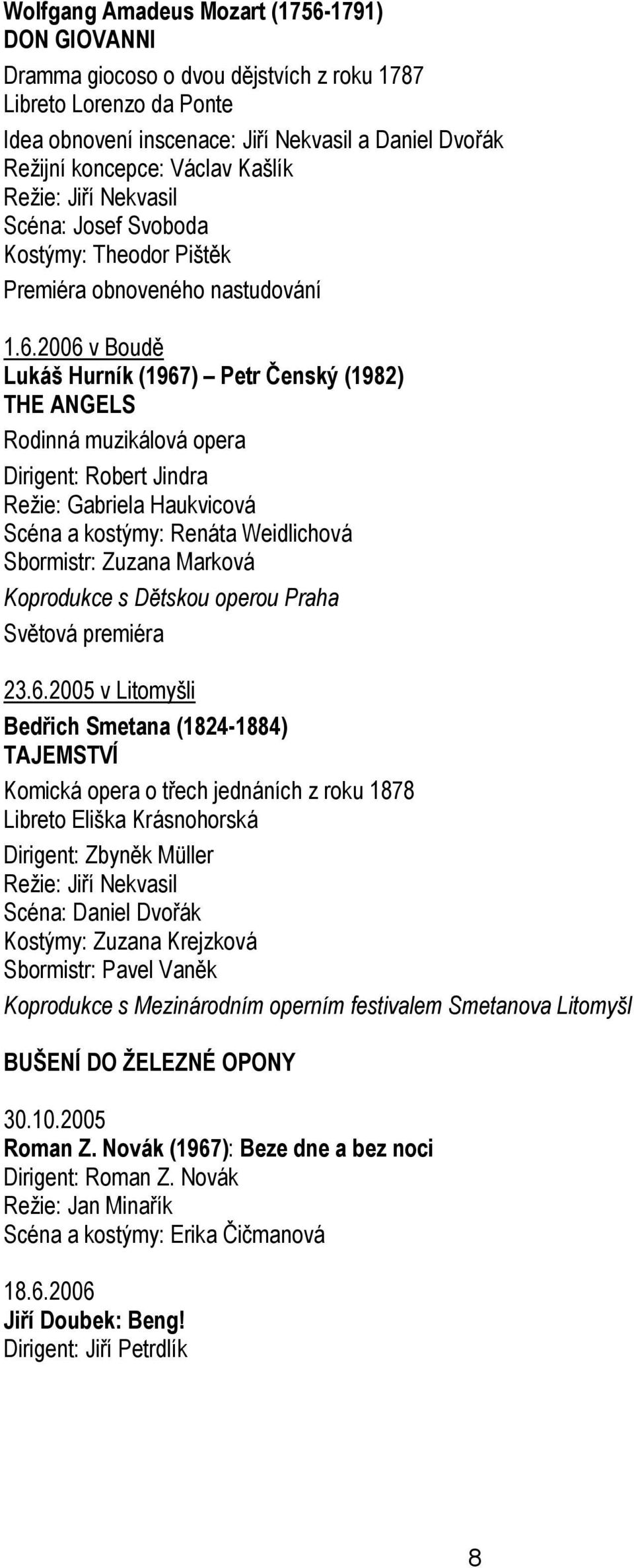 2006 v Boudě Lukáš Hurník (1967) Petr Čenský (1982) THE ANGELS Rodinná muzikálová opera Dirigent: Robert Jindra Režie: Gabriela Haukvicová Scéna a kostýmy: Renáta Weidlichová Sbormistr: Zuzana