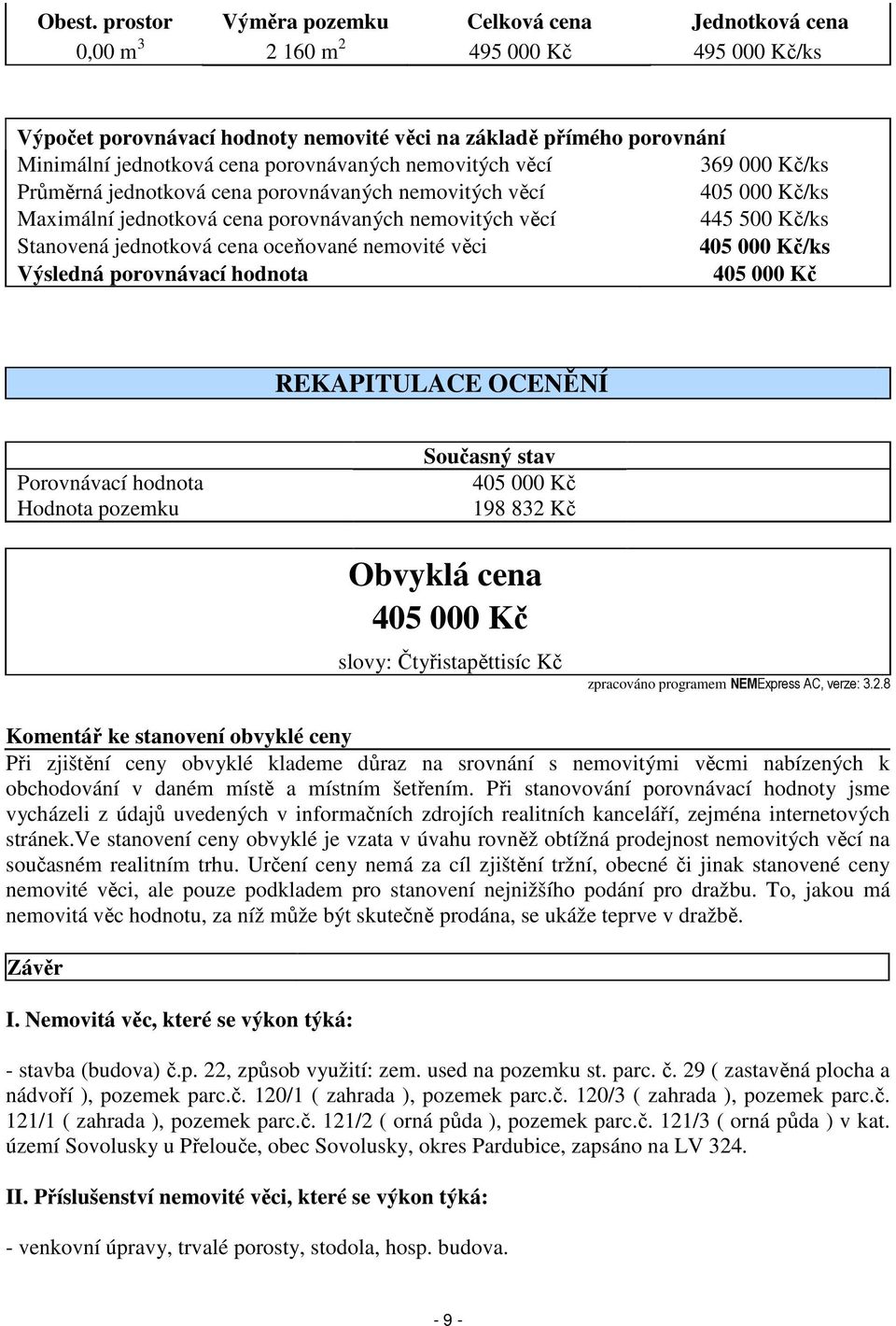 porovnávaných nemovitých věcí 369 000 Kč/ks Průměrná jednotková cena porovnávaných nemovitých věcí 405 000 Kč/ks Maximální jednotková cena porovnávaných nemovitých věcí 445 500 Kč/ks Stanovená