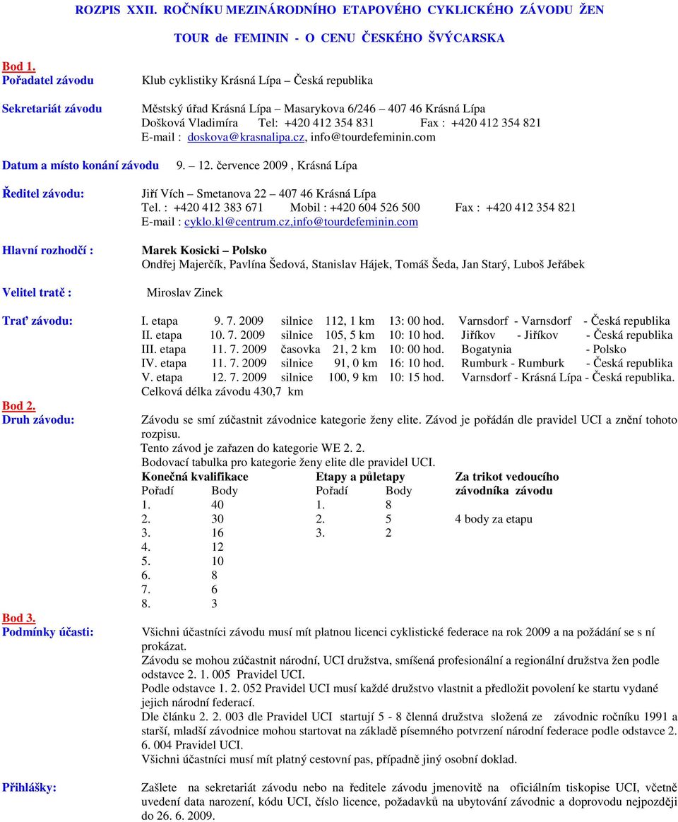 821 E-mail : doskova@krasnalipa.cz, info@tourdefeminin.com Datum a místo konání závodu 9. 12.