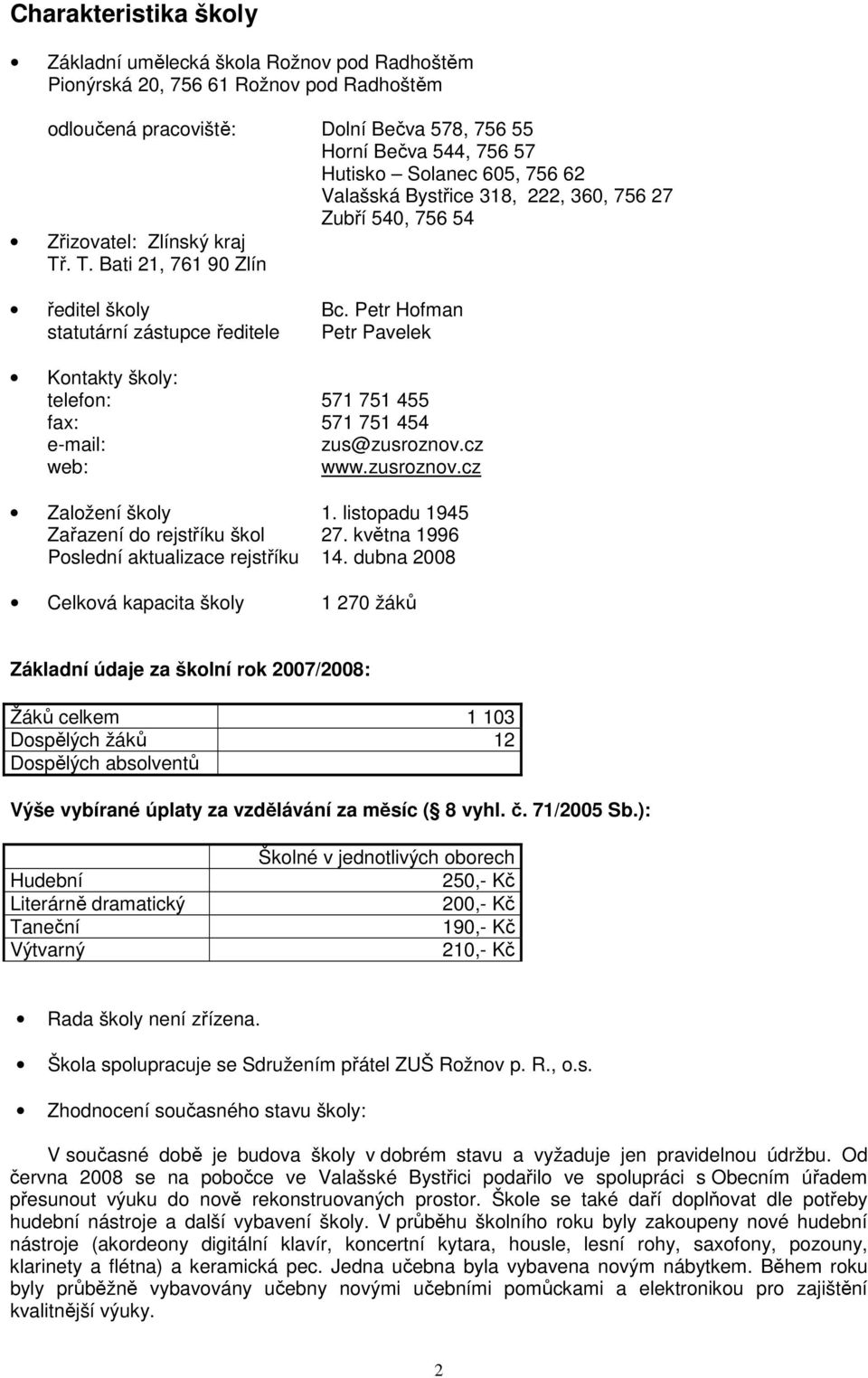 Petr Hofman statutární zástupce ředitele Petr Pavelek Kontakty školy: telefon: 571 751 455 fax: 571 751 454 e-mail: zus@zusroznov.cz web: www.zusroznov.cz Založení školy 1.