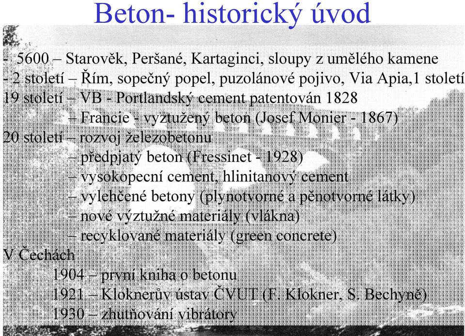 beton (Fressinet - 1928) vysokopecní cement, hlinitanový cement vylehčené betony (plynotvorné a pěnotvorné látky) nové výztužné materiály (vlákna)