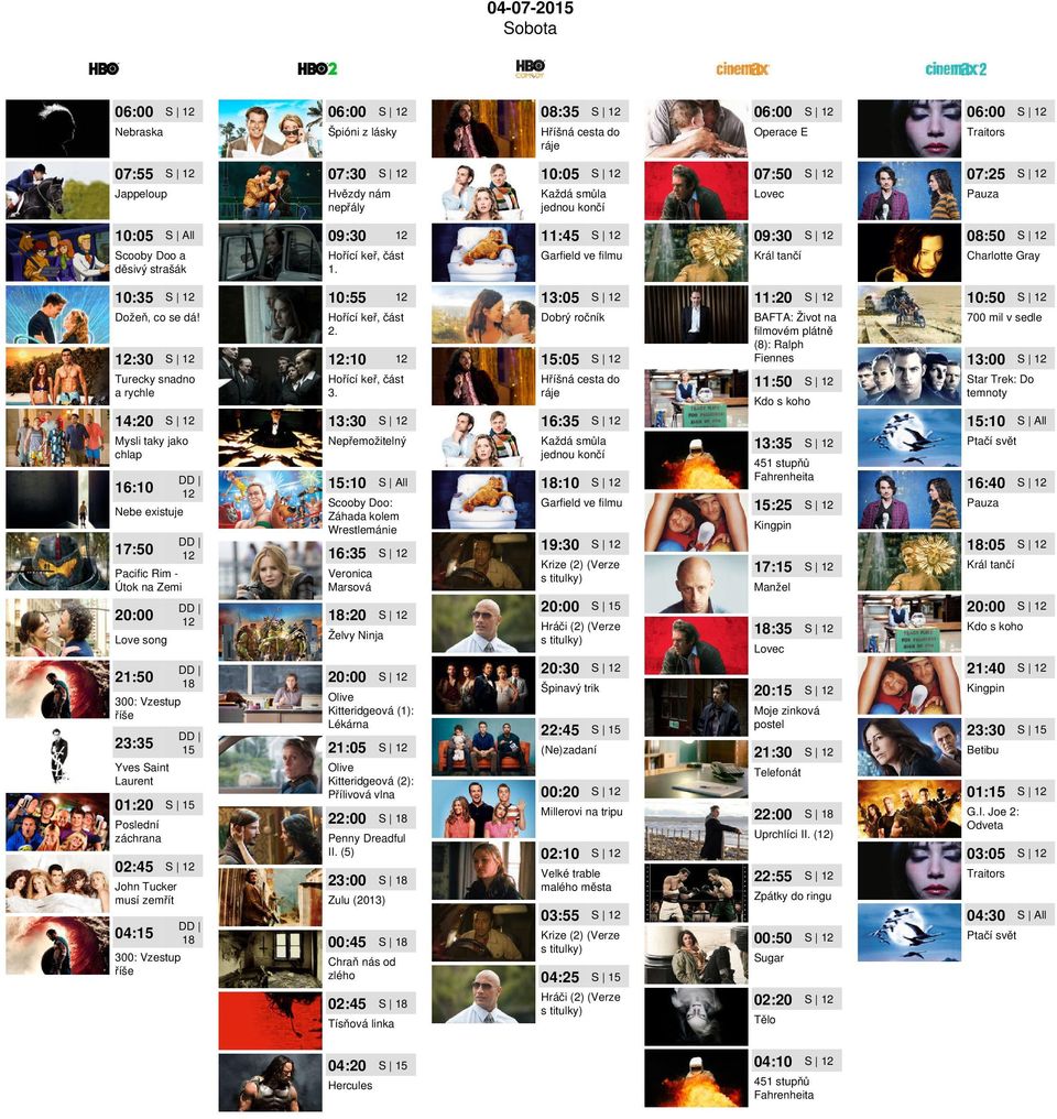 Hříšná cesta do ráje 14:20 13:30 16:35 Mysli taky jako chlap 16:10 Nebe existuje 17:50 Pacific Rim Útok na Zemi 21:50 300: Vzestup říše 23:35 Yves Saint Laurent 01:20 :10 :10 Scooby Doo: Záhada kolem
