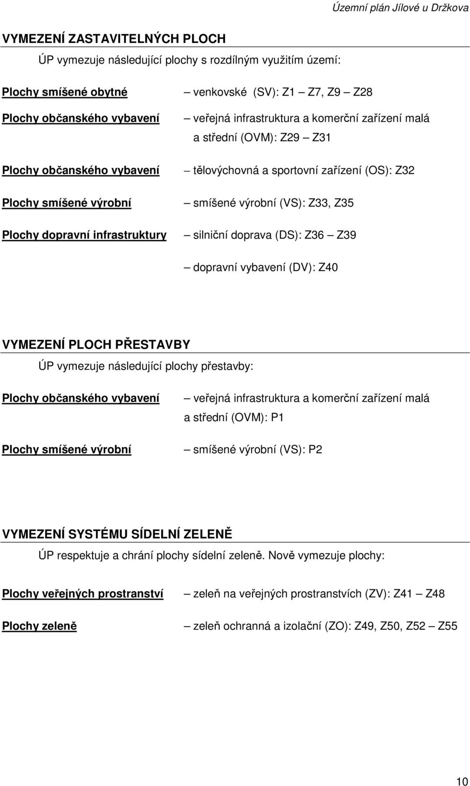 Z32 smíšené výrobní (VS): Z33, Z35 silniční doprava (DS): Z36 Z39 dopravní vybavení (DV): Z40 VYMEZENÍ PLOCH PŘESTAVBY ÚP vymezuje následující plochy přestavby: Plochy občanského vybavení Plochy