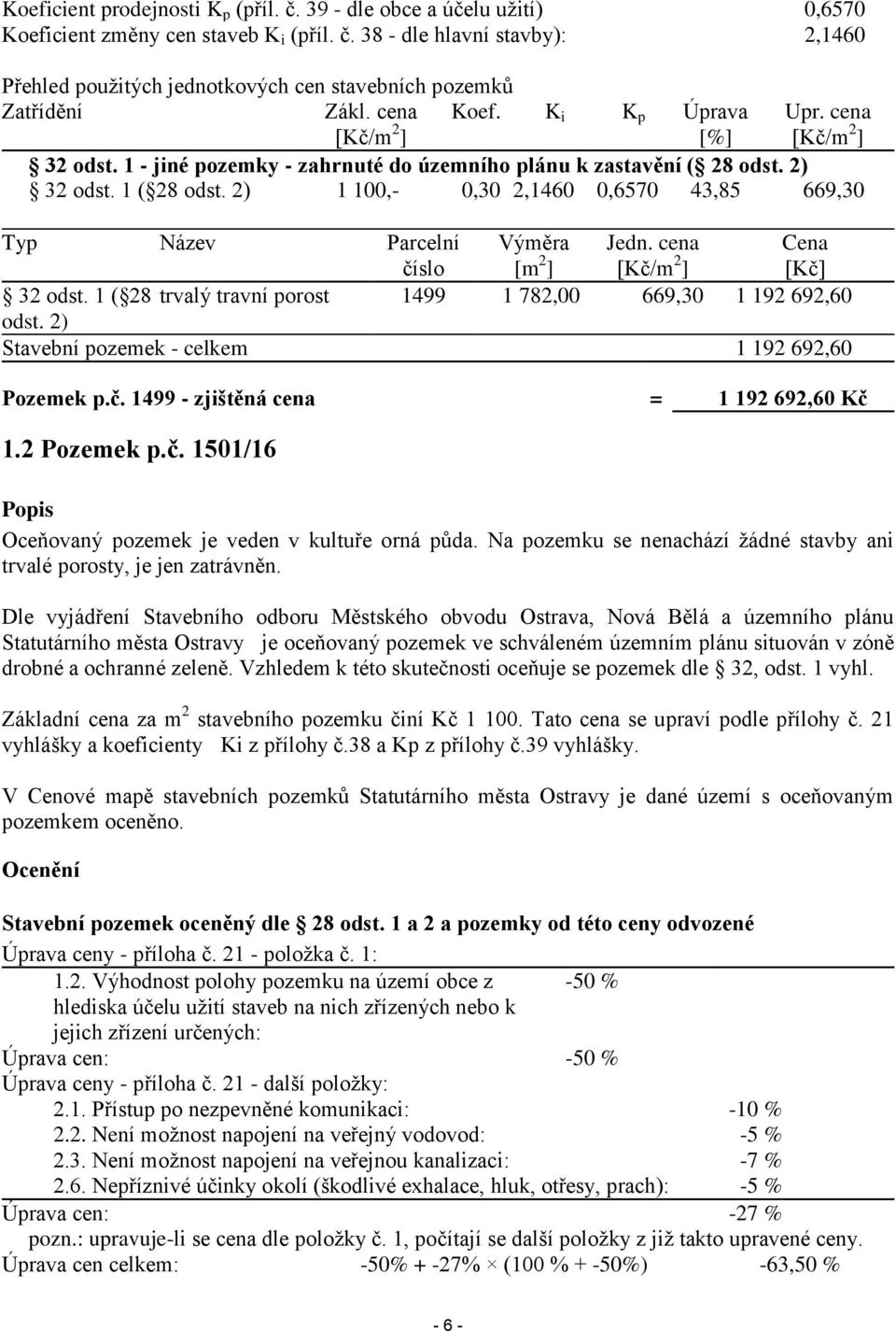 2) 1 100,- 0,30 2,1460 0,6570 43,85 669,30 Typ Název Parcelní číslo Výměra [m 2 ] Jedn. cena [Kč/m 2 ] Cena [Kč] 32 odst. 1 ( 28 trvalý travní porost 1499 1 782,00 669,30 1 192 692,60 odst.