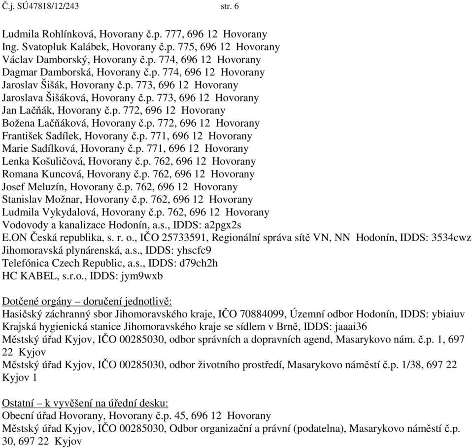 p. 772, 696 12 Hovorany František Sadílek, Hovorany č.p. 771, 696 12 Hovorany Marie Sadílková, Hovorany č.p. 771, 696 12 Hovorany Lenka Košuličová, Hovorany č.p. 762, 696 12 Hovorany Romana Kuncová, Hovorany č.