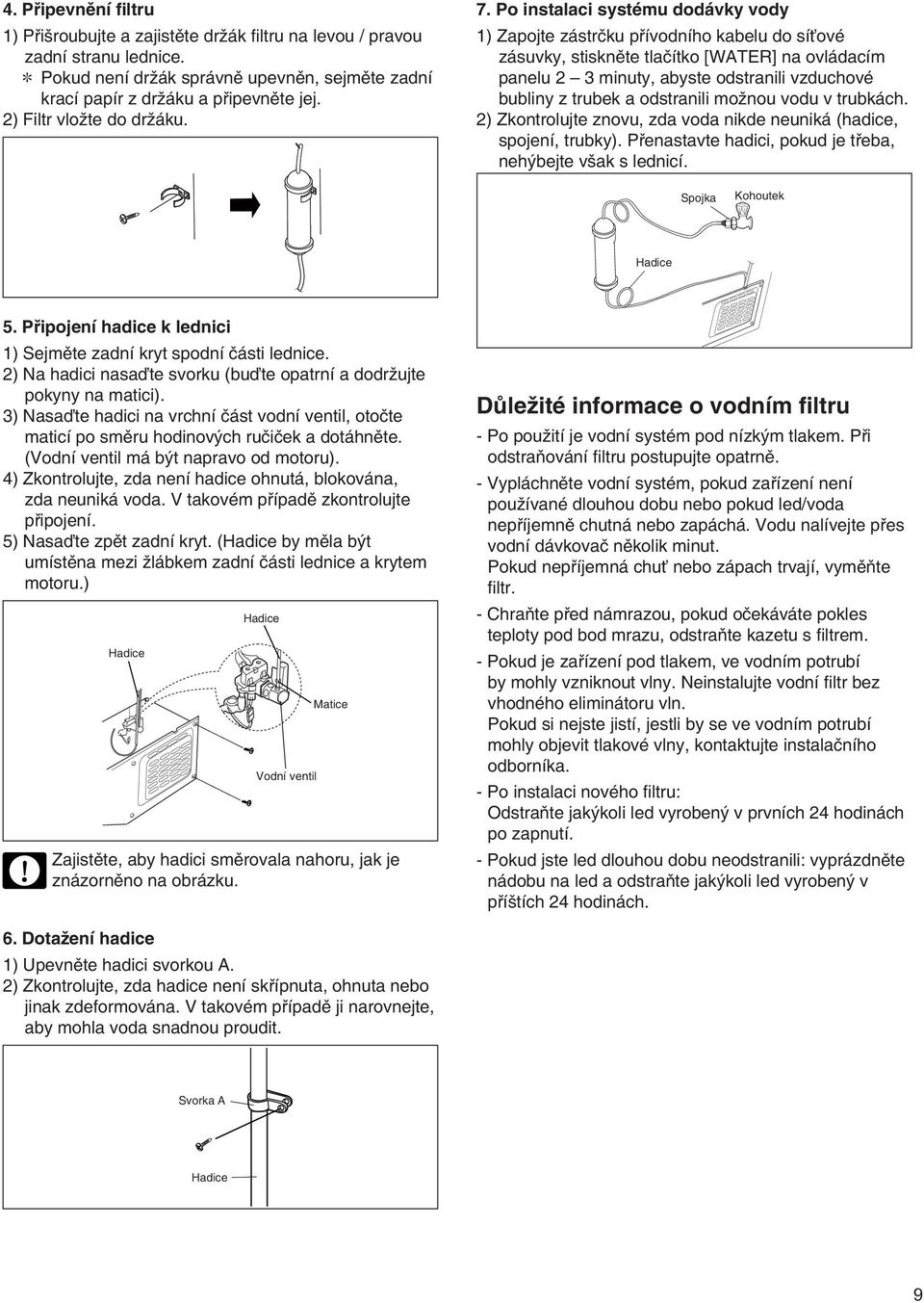 Po instalaci systému dodávky vody 1) Zapojte zástrčku přívodního kabelu do síťové zásuvky, stiskněte tlačítko [WATER] na ovládacím panelu 2 3 minuty, abyste odstranili vzduchové bubliny z trubek a