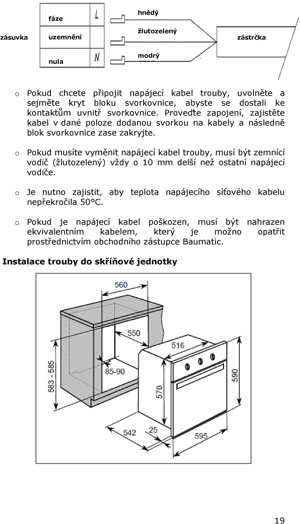 o Pokud musíte vyměnit napájecí kabel trouby, musí být zemnící vodič (žlutozelený) vždy o 10 mm delší než ostatní napájecí vodiče.