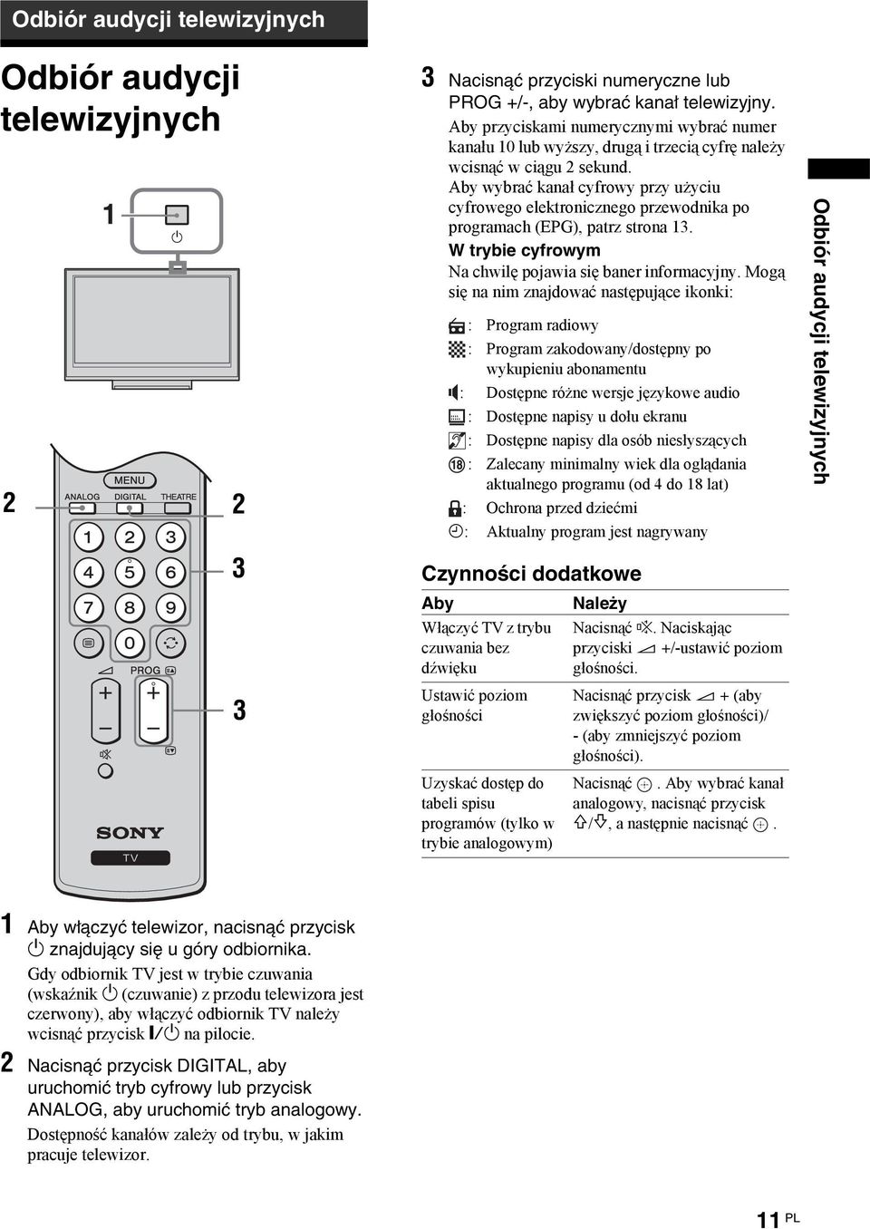 Aby wybrać kanał cyfrowy pry użyciu cyfrowego elektronicnego prewodnika po programach (EPG), patr strona 13. W trybie cyfrowym Na chwilę pojawia się baner informacyjny.