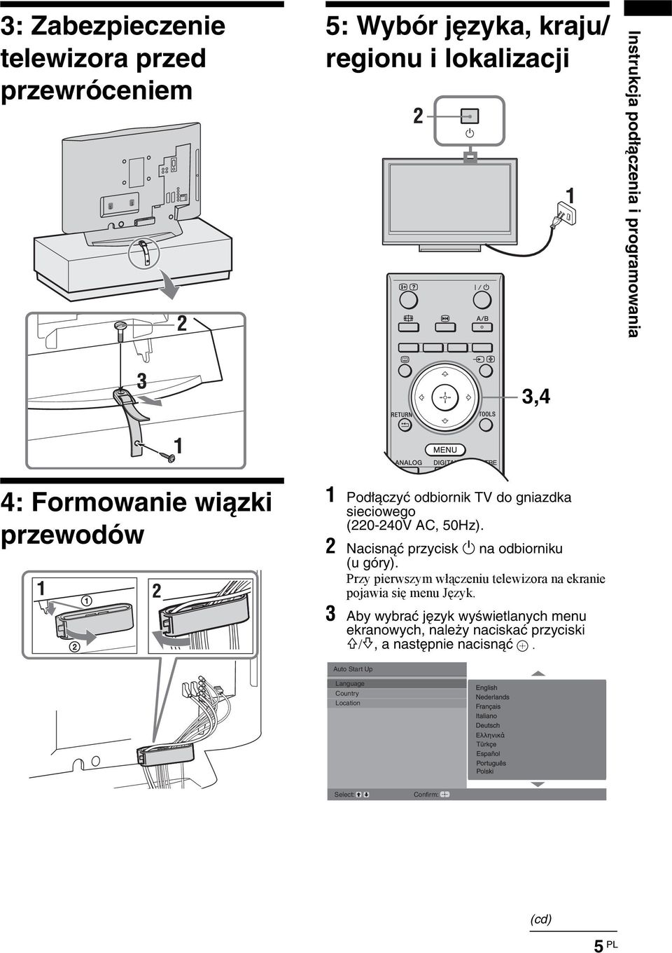 2 Nacisnąć prycisk 1 na odbiorniku (u góry). Pry pierwsym włąceniu telewiora na ekranie pojawia się menu Jęyk.