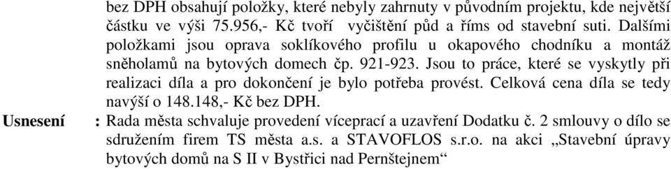 Dalšími položkami jsou oprava soklíkového profilu u okapového chodníku a montáž sněholamů na bytových domech čp. 921-923.