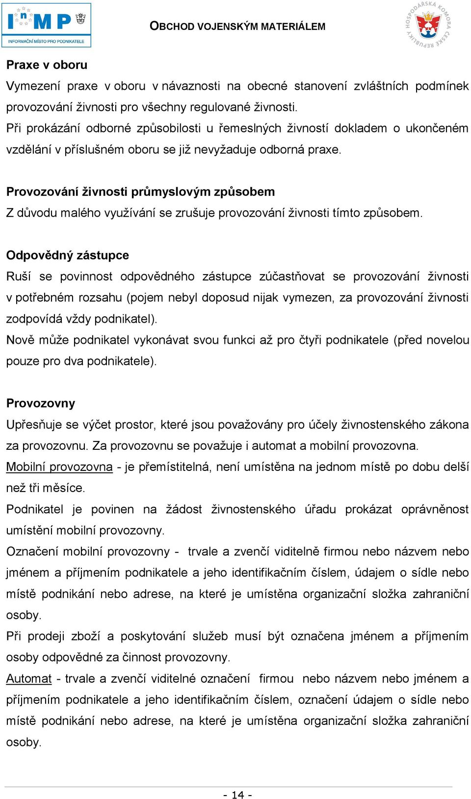 Provozování živnosti průmyslovým způsobem Z důvodu malého využívání se zrušuje provozování živnosti tímto způsobem.