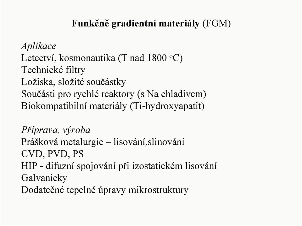 materiály (Ti-hydroxyapatit) Příprava, výroba Prášková metalurgie lisování,slinování CVD, PVD,