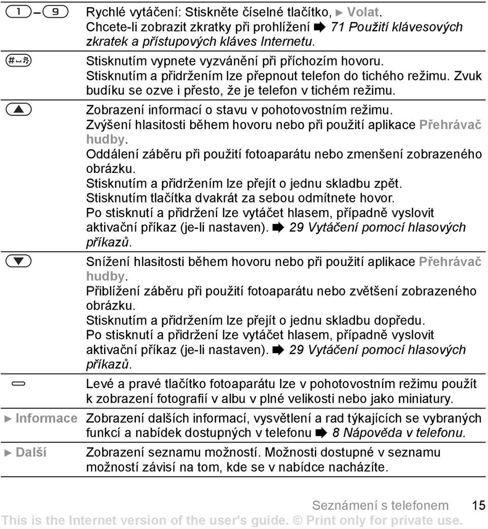 Zobrazení informací o stavu v pohotovostním režimu. Zvýšení hlasitosti během hovoru nebo při použití aplikace Přehrávač hudby.