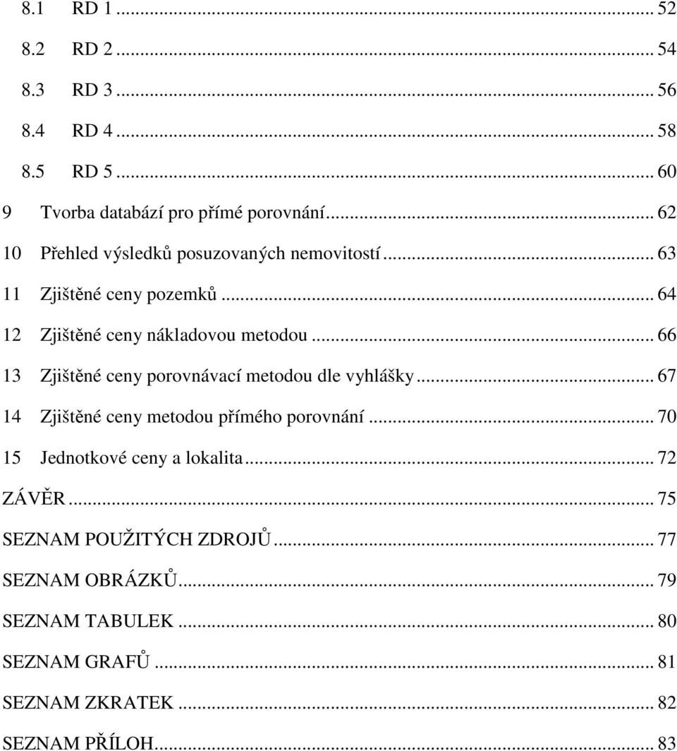 .. 66 13 Zjištěné ceny porovnávací metodou dle vyhlášky... 67 14 Zjištěné ceny metodou přímého porovnání.