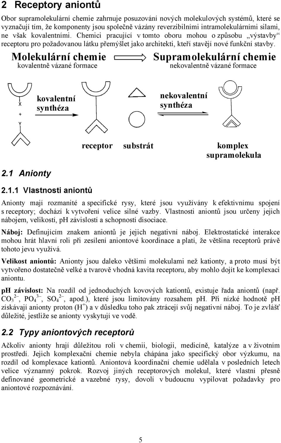 Molekulární chemie kovalentně vázané formace Supramolekulární chemie nekovalentně vázané formace kovalentní synthéza nekovalentní synthéza receptor substrát komplex supramolekula 2.1 