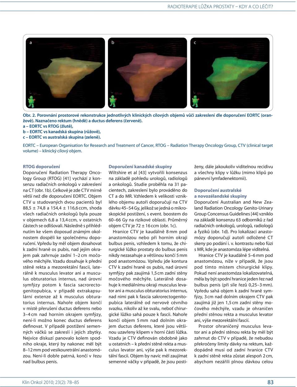 EORTC European Organisation for Research and Treatment of Cancer, RTOG Radiation Therapy Oncology Group, CTV (clinical target volume) klinický cílový objem.