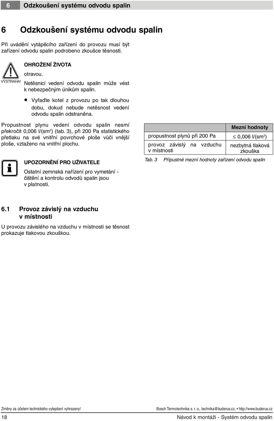 Propustnost plynu vedení odvodu spalin nesmí překročit 0,006 l/(sm ) (tab. 3), při 00 Pa statistického přetlaku na své vnitřní povrchové ploše vůči vnější ploše, vztaženo na vnitřní plochu.