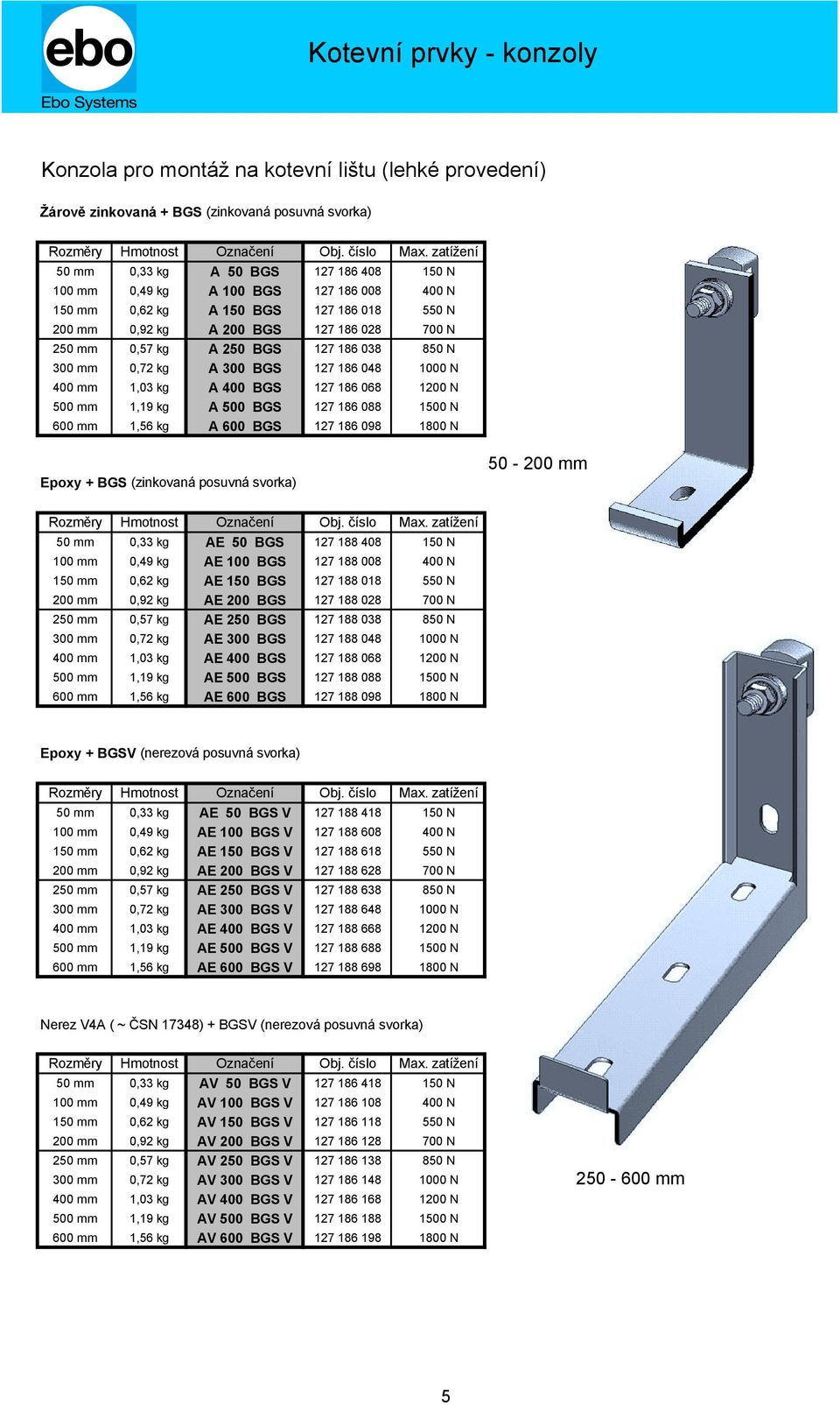 kg A 400 BGS 127 186 068 1200 N 500 mm 1,19 kg A 500 BGS 127 186 088 1500 N 600 mm 1,56 kg A 600 BGS 127 186 098 1800 N Epoxy + BGS (zinkovaná posuvná svorka) 50-200 mm 50 mm 0,33 kg AE 50 BGS 127