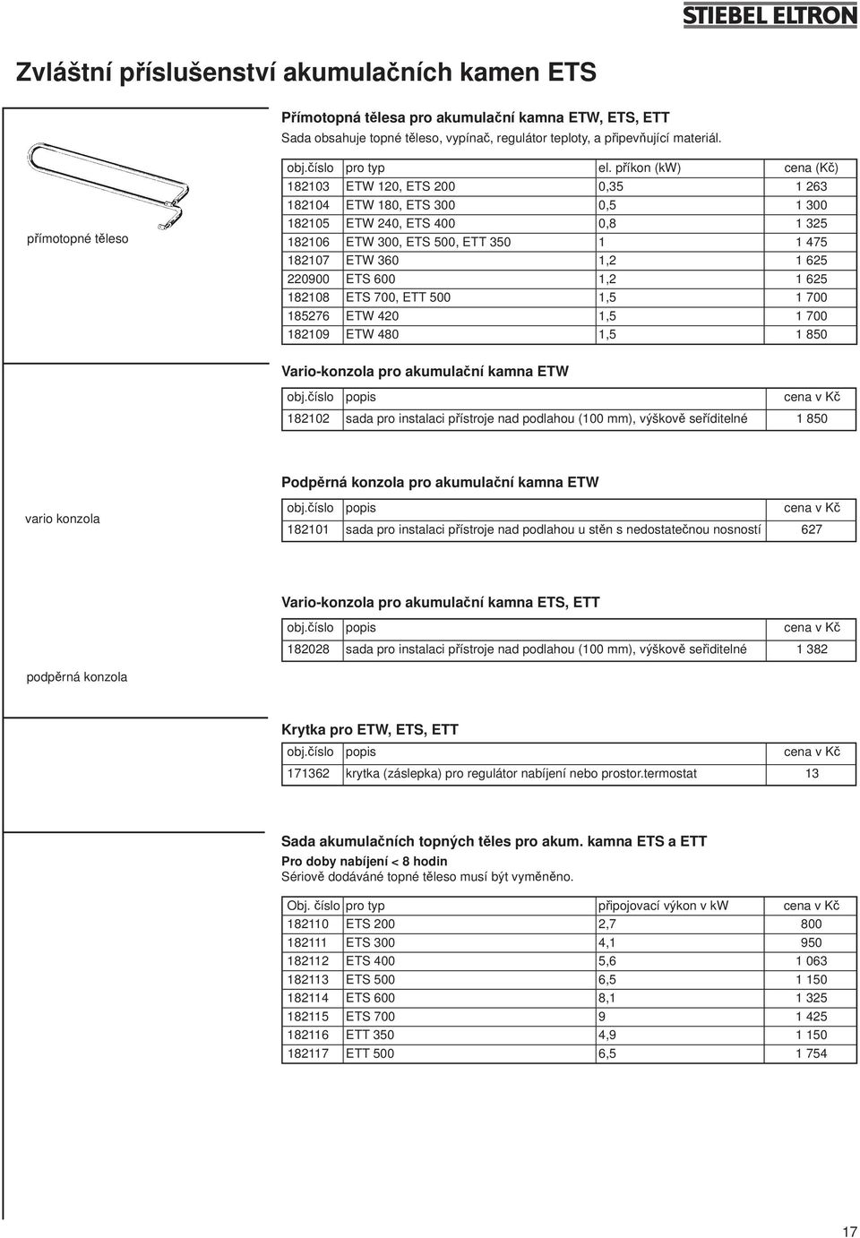 příkon (kw) cena (Kč) 8203 ETW 20, ETS 200 0,35 263 8204 ETW 80, ETS 300 0,5 300 8205 ETW 240, ETS 400 0,8 325 8206 ETW 300, ETS 500, ETT 350 475 8207 ETW 360,2 625 220900 ETS 600,2 625 8208 ETS 700,