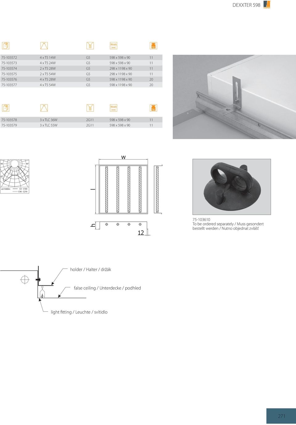 36W 2G11 598 x 598 x 90 11 75-103579 3 x TLC 55W 2G11 598 x 598 x 90 11 w cd/1000lm C0 - C180 C90 - C270 l h 12 75-103610 To be ordered separately