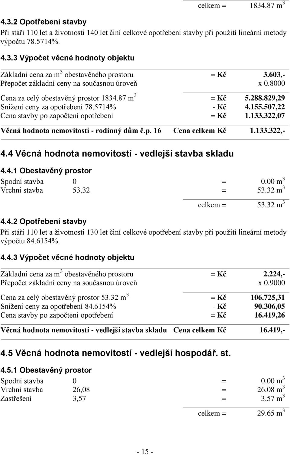 507,22 Cena stavby po započtení opotřebení = Kč 1.133.322,07 Věcná hodnota nemovitostí - rodinný dům č.p. 16 Cena celkem Kč 1.133.322,- 4.4 Věcná hodnota nemovitostí - vedlejší stavba skladu 4.4.1 Obestavěný prostor Spodní stavba 0 = 0.