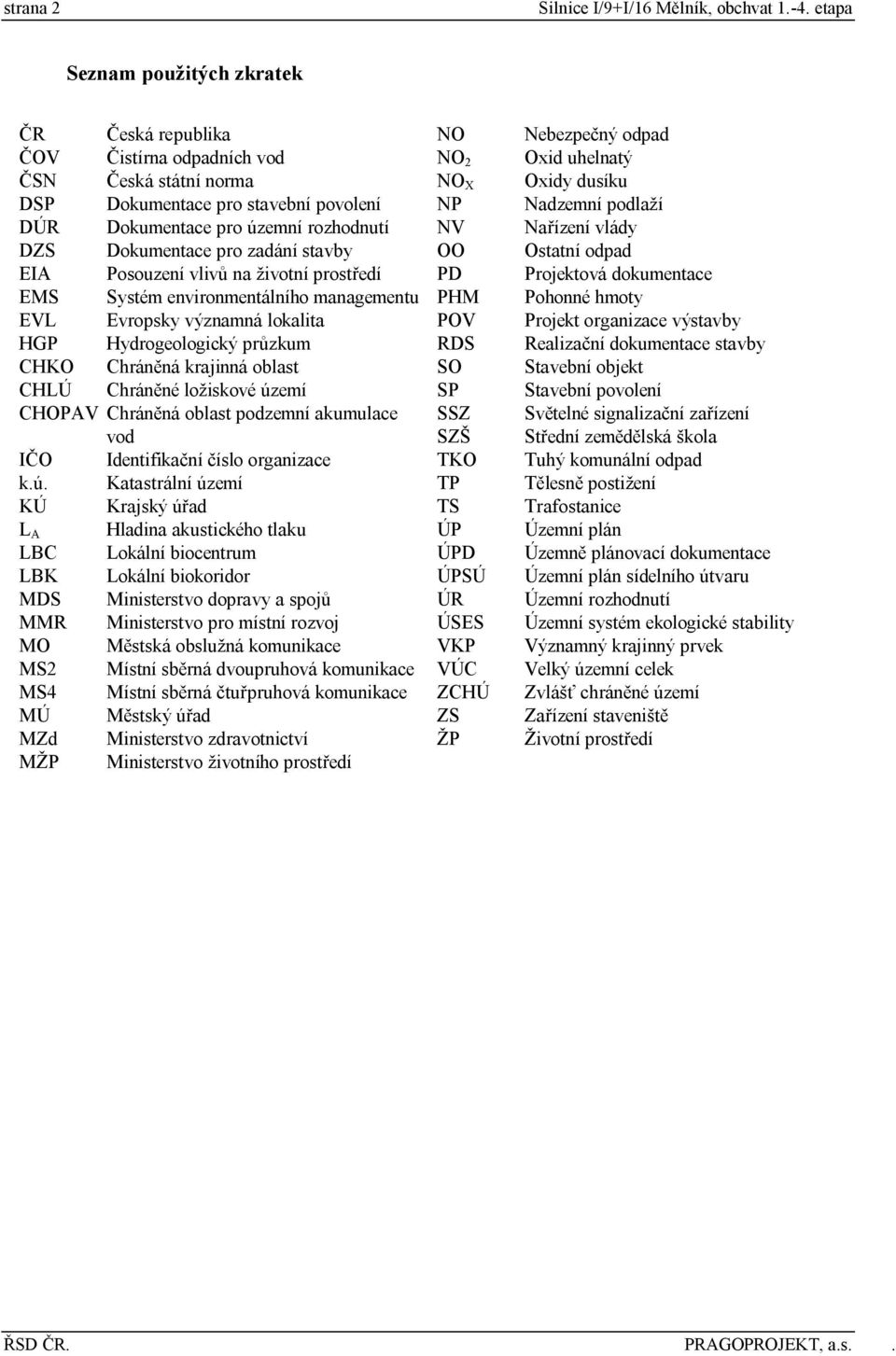 zadání stavby EIA Posouzení vlivů na životní prostředí EMS Systém environmentálního managementu EVL Evropsky významná lokalita HGP Hydrogeologický průzkum CHKO Chráněná krajinná oblast CHLÚ Chráněné