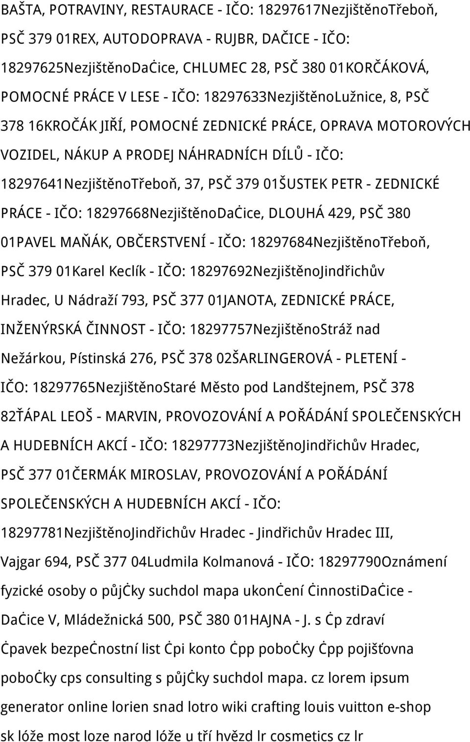 ZEDNICKÉ PRÁCE - IČO: 18297668NezjištěnoDačice, DLOUHÁ 429, PSČ 380 01PAVEL MAŇÁK, OBČERSTVENÍ - IČO: 18297684NezjištěnoTřeboň, PSČ 379 01Karel Keclík - IČO: 18297692NezjištěnoJindřichův Hradec, U