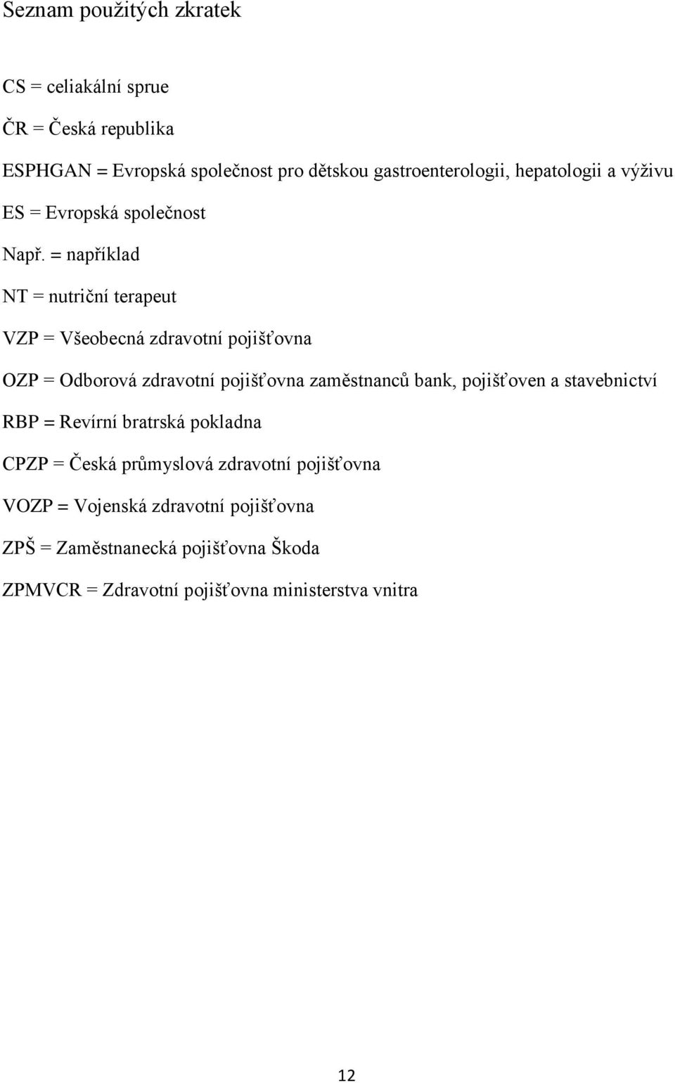 = například NT = nutriční terapeut VZP = Všeobecná zdravotní pojišťovna OZP = Odborová zdravotní pojišťovna zaměstnanců bank,