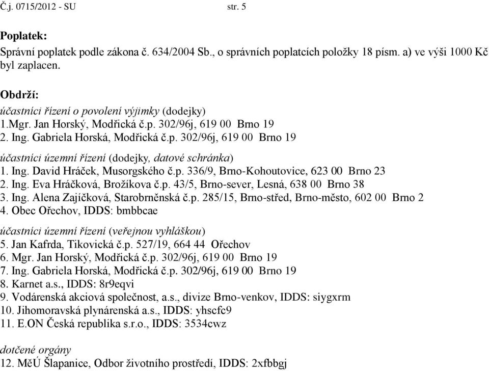 Ing. David Hráček, Musorgského č.p. 336/9, Brno-Kohoutovice, 623 00 Brno 23 2. Ing. Eva Hráčková, Brožíkova č.p. 43/5, Brno-sever, Lesná, 638 00 Brno 38 3. Ing. Alena Zajíčková, Starobrněnská č.p. 285/15, Brno-střed, Brno-město, 602 00 Brno 2 4.