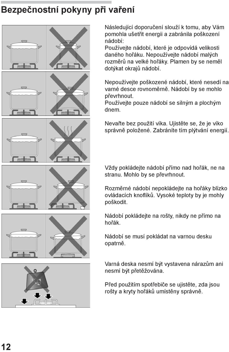 Používejte pouze nádobí se silným a plochým dnem. Nevařte bez použití víka. Ujistěte se, že je víko správně položené. Zabráníte tím plýtvání energií.