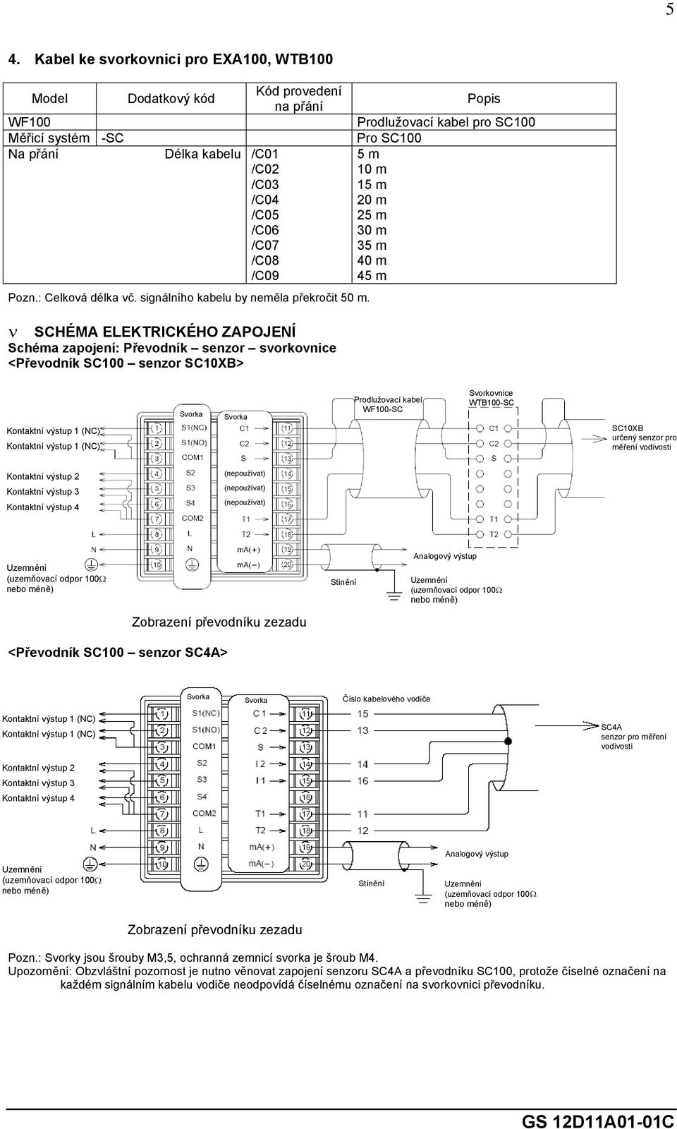 ν SCHÉMA ELEKTRICKÉHO ZAPOJENÍ Schéma zapojení: Převodník senzor svorkovnice <Převodník SC100 senzor SC10XB> Popis Prodlužovací kabel pro SC100 Pro SC100 5 m 10 m 15 m 20 m 25 m 30 m 35 m 40 m 45 m