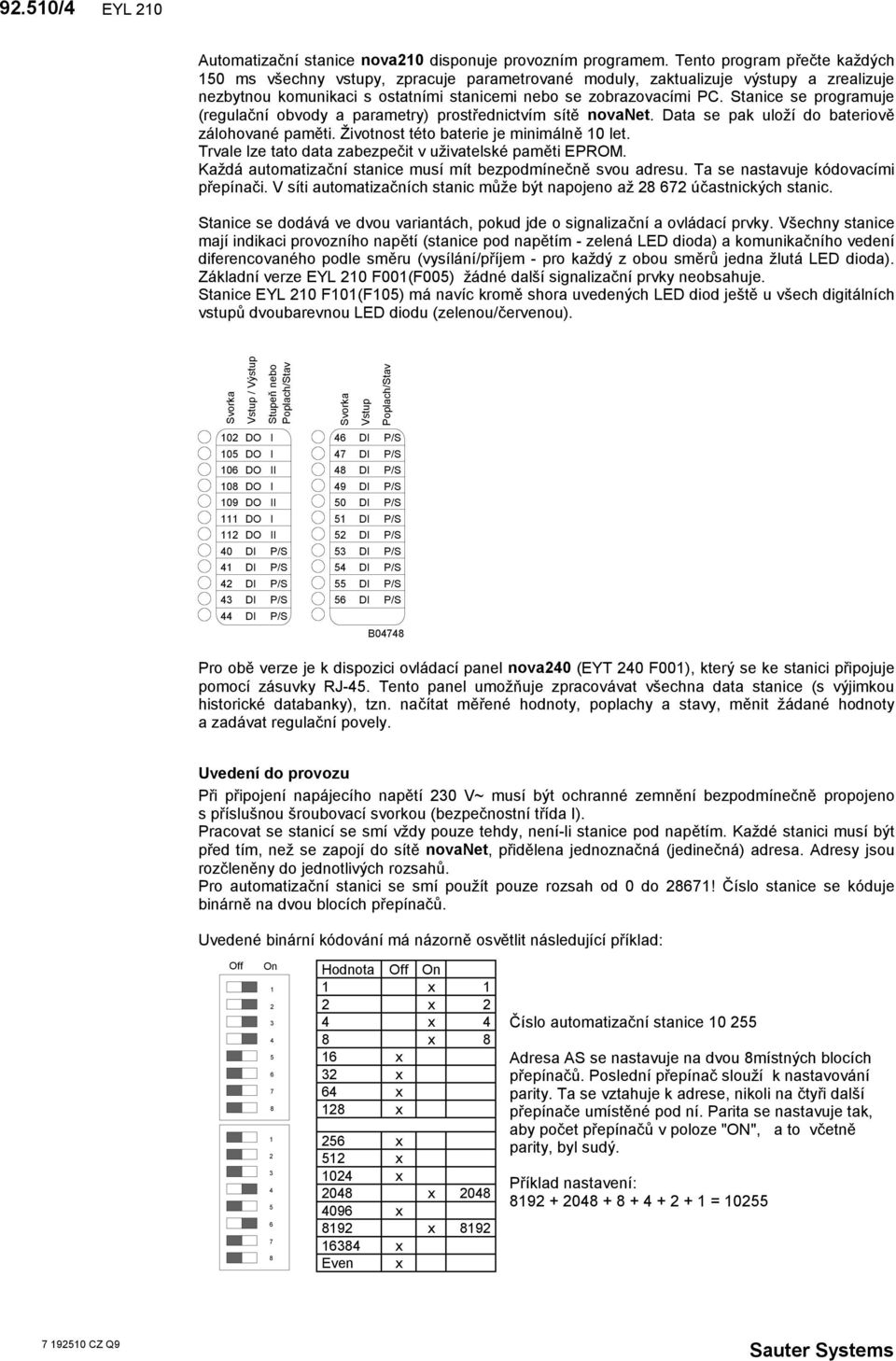 Stanice se programuje (regulační obvody a parametry) prostřednictvím sítě novanet. Data se pak uloží do bateriově zálohované paměti. Životnost této baterie je minimálně 0 let.