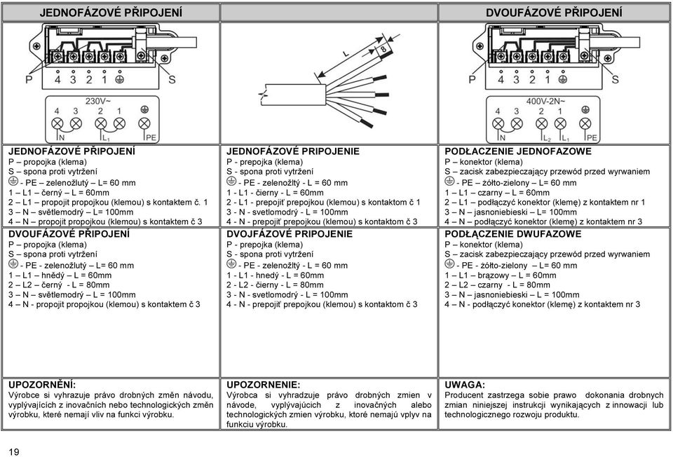 L = 80mm 3 N světlemodrý L = 100mm 4 N - propojit propojkou (klemou) s kontaktem č 3 JEDNOFÁZOVÉ PRIPOJENIE P - prepojka (klema) S - spona proti vytržení - PE - zelenožltý - L = 60 mm 1 - L1 - čierny