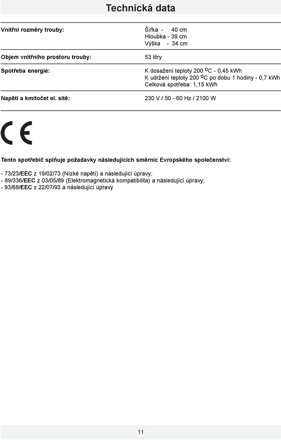 sítě: 53 litry K dosažení teploty 200 o C - 0,45 kwh K udržení teploty 200 o C po dobu 1 hodiny - 0,7 kwh Celková spotřeba: 1,15 kwh 230 V /