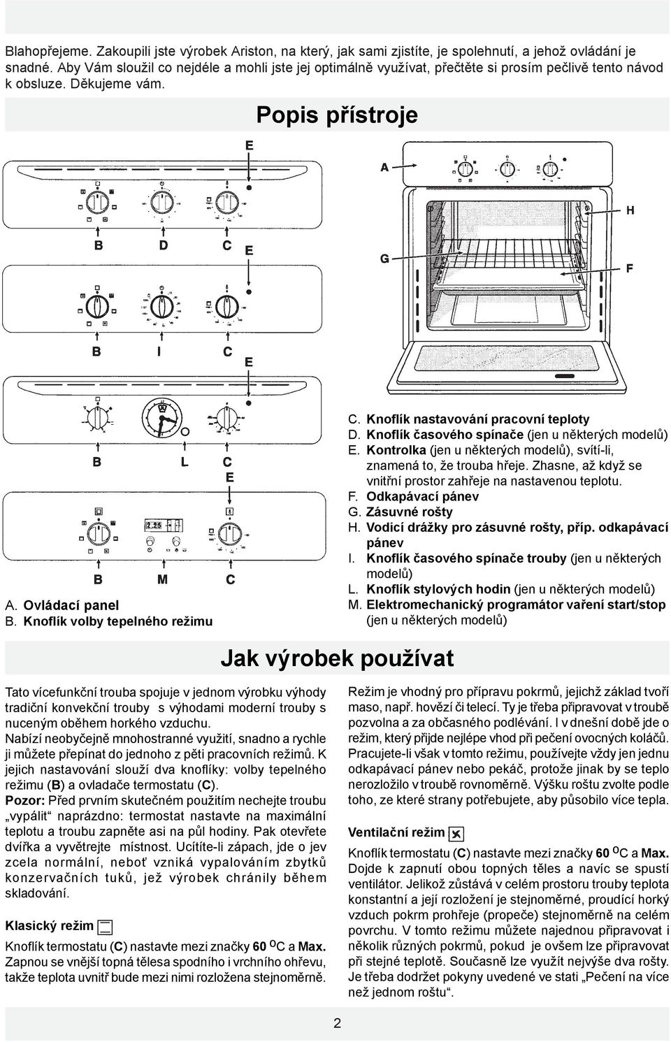 Knoflík nastavování pracovní teploty D. Knoflík časového spínače (jen u některých modelů) E. Kontrolka (jen u některých modelů), svítí-li, znamená to, že trouba hřeje.