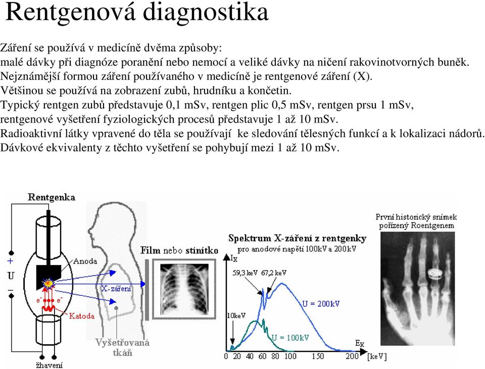 Typický rentgen zubů představuje 0,1 msv, rentgen plic 0,5 msv, rentgen prsu 1 msv, rentgenové vyšetření fyziologických procesů představuje 1 až 10 msv.