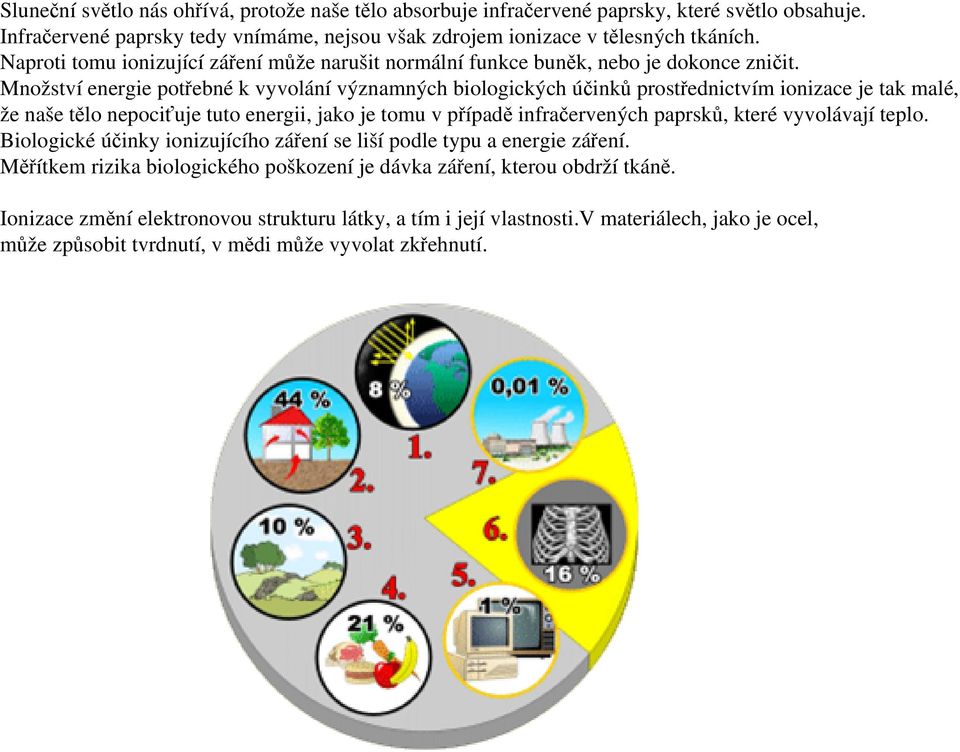 Množství energie potřebné k vyvolání významných biologických účinků prostřednictvím ionizace je tak malé, že naše tělo nepociťuje tuto energii, jako je tomu v případě infračervených paprsků, které