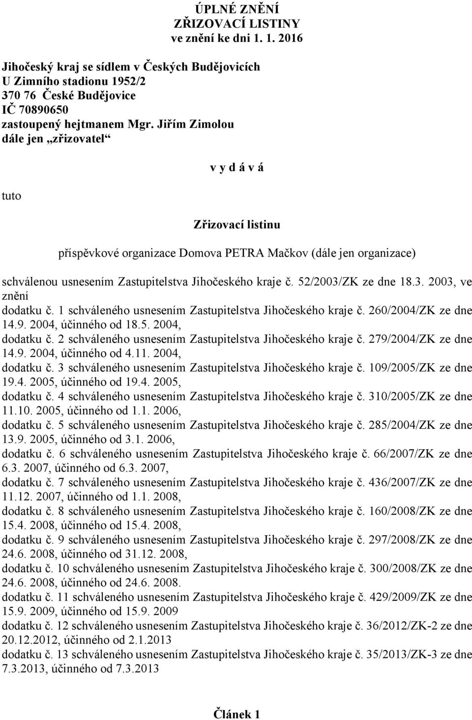 52/2003/ZK ze dne 18.3. 2003, ve znění dodatku č. 1 schváleného usnesením Zastupitelstva Jihočeského kraje č. 260/2004/ZK ze dne 14.9. 2004, účinného od 18.5. 2004, dodatku č.