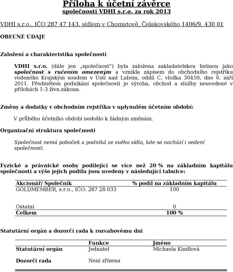 ečnosti VDHI s.r.o. za rok 2013 VDHI s.r.o., IČO 287 47 143, sídlem v Chomutově, Čelakovského 1406/9, 430 01 OBECNÉ ÚDAJE Založení a charakteristika společnosti VDHI s.r.o. (dále jen společnost )