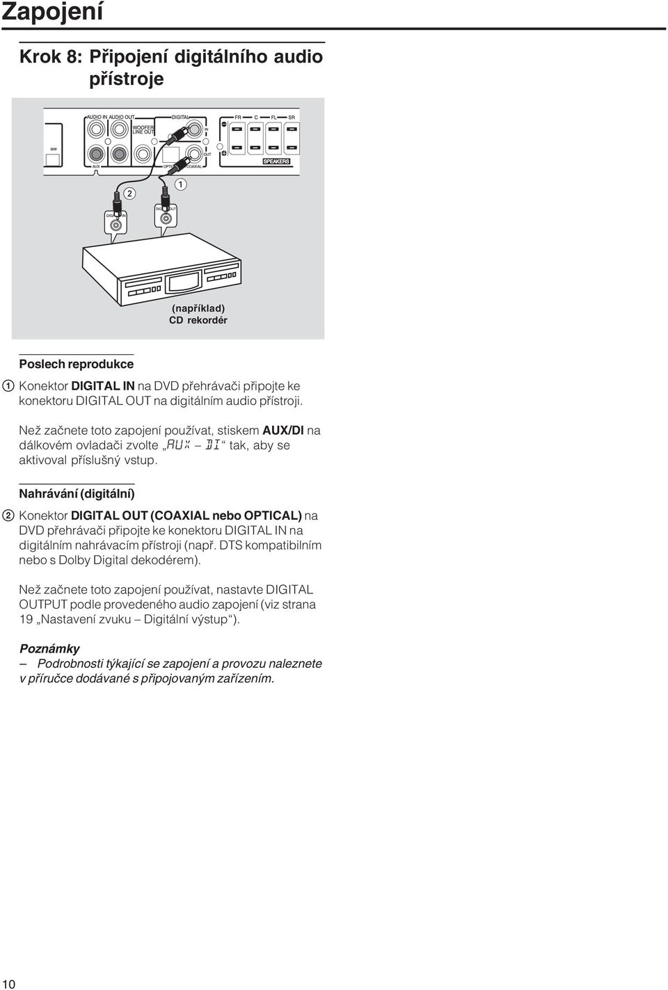 Nahrávání (digitální) 2 Konektor DIGITAL OUT (COAXIAL nebo OPTICAL) na DVD přehrávači připojte ke konektoru DIGITAL IN na digitálním nahrávacím přístroji (např.