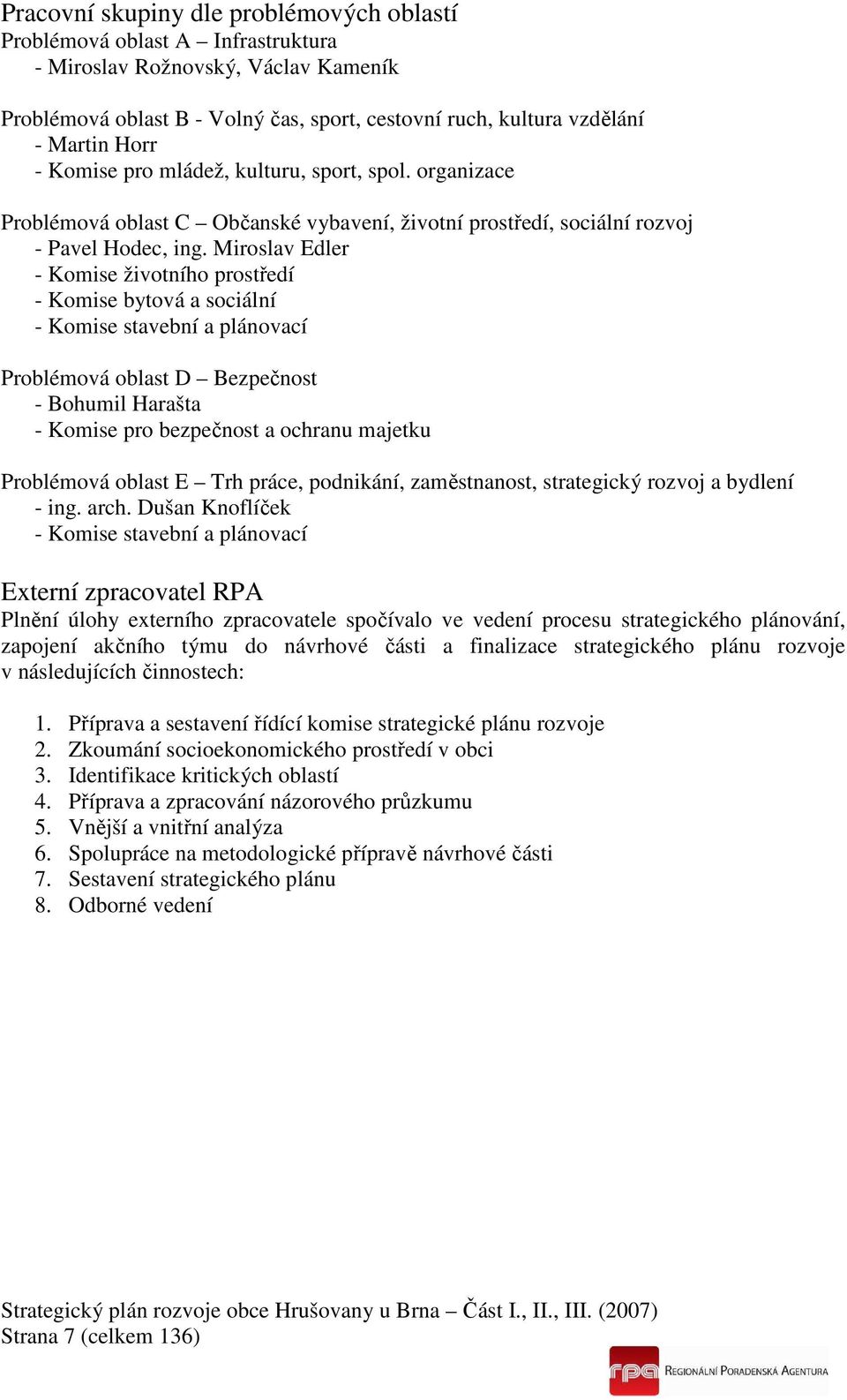 Miroslav Edler - Komise životního prostředí - Komise bytová a sociální - Komise stavební a plánovací Problémová oblast D Bezpečnost - Bohumil Harašta - Komise pro bezpečnost a ochranu majetku