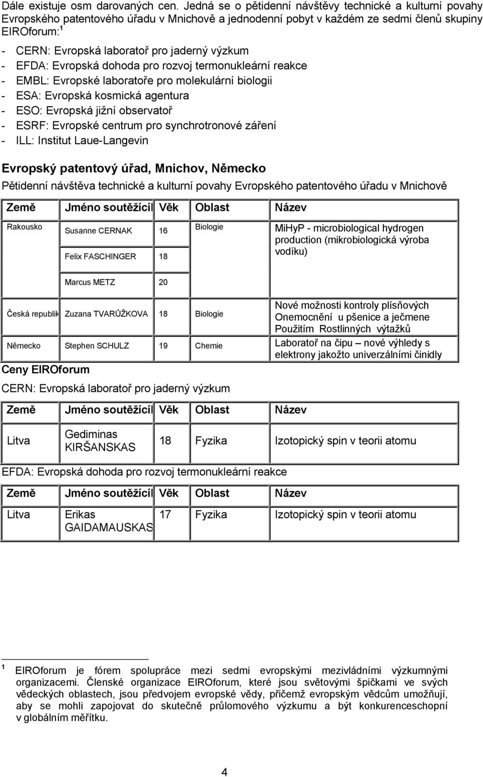 jaderný výzkum - EFDA: Evropská dohoda pro rozvoj termonukleární reakce - EMBL: Evropské laboratoře pro molekulární biologii - ESA: Evropská kosmická agentura - ESO: Evropská jižní observatoř - ESRF: