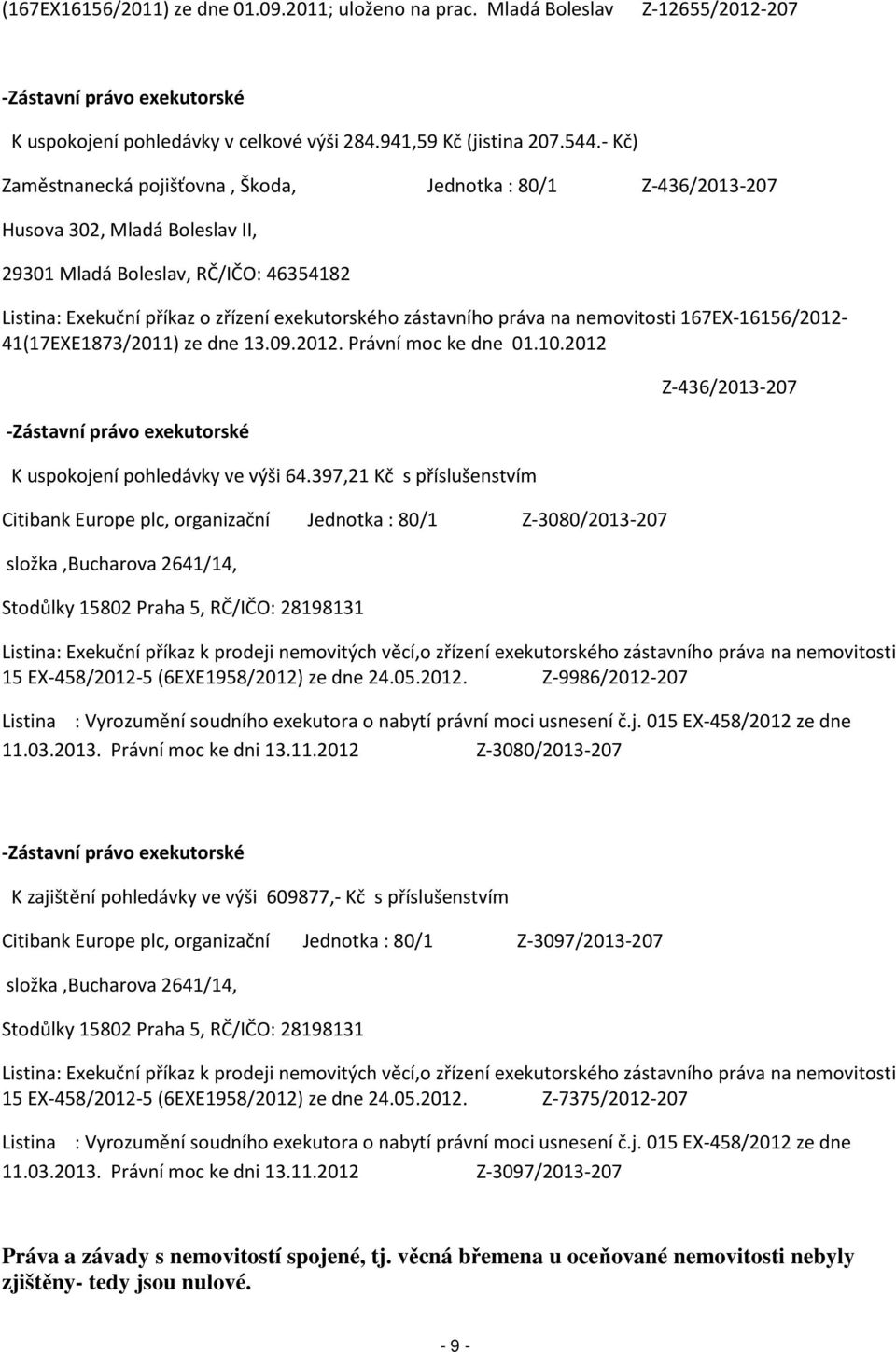 práva na nemovitosti 167EX-16156/2012-41(17EXE1873/2011) ze dne 13.09.2012. Právní moc ke dne 01.10.2012 -Zástavní právo exekutorské K uspokojení pohledávky ve výši 64.