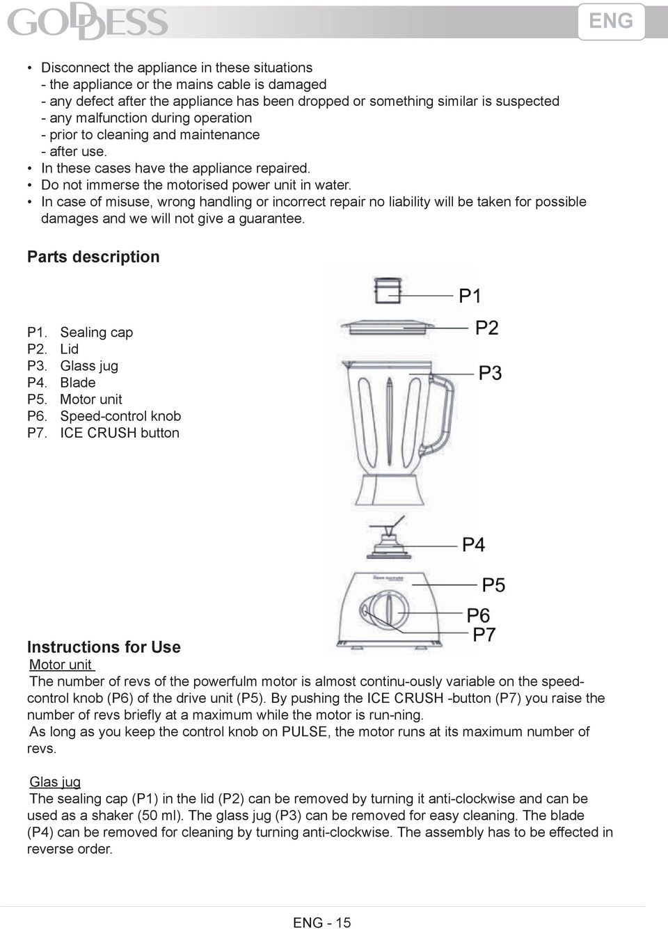 In case of misuse, wrong handling or incorrect repair no liability will be taken for possible damages and we will not give a guarantee. Parts description P1. Sealing cap P2. Lid P3. Glass jug P4.