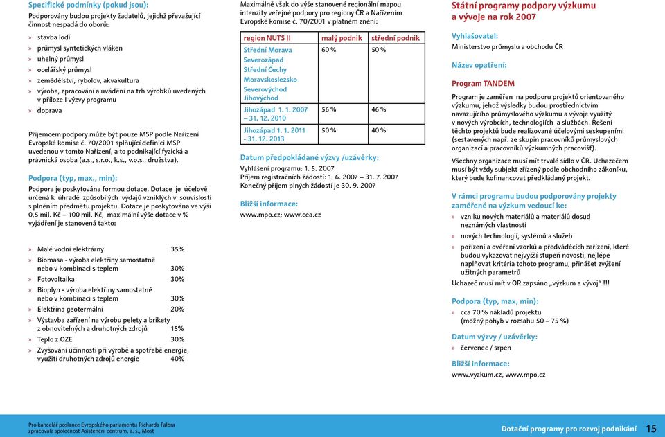 70/2001 splňující definici MSP uvedenou v tomto Nařízení, a to podnikající fyzická a právnická osoba (a.s., s.r.o., k.s., v.o.s., družstva). Podpora je poskytována formou dotace.