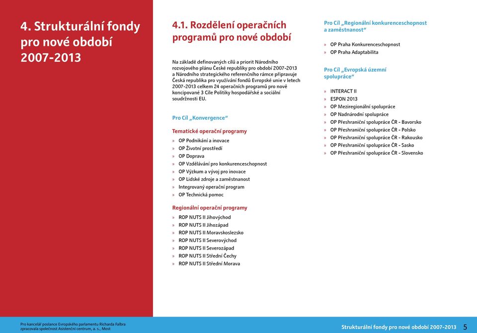 připravuje Česká republika pro využívání fondů Evropské unie v letech 2007-2013 celkem 24 operačních programů pro nově koncipované 3 Cíle Politiky hospodářské a sociální soudržnosti EU.