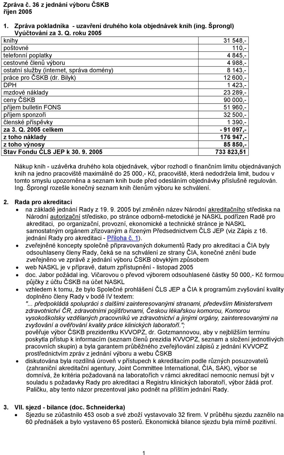 Bilyk) 12 600,- DPH 1 423,- mzdové náklady 23 289,- ceny ČSKB 90 000,- příjem bulletin FONS 51 960,- příjem sponzoři 32 500,- členské příspěvky 1 390,- za 3. Q.