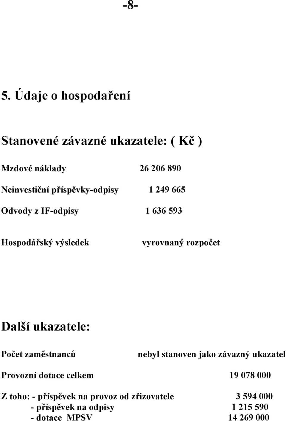 ukazatele: Počet zaměstnanců nebyl stanoven jako závazný ukazatel Provozní dotace celkem 19 078 000 Z